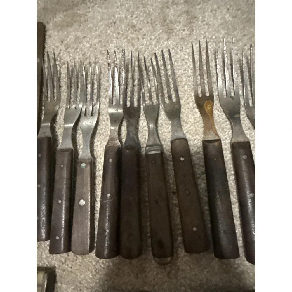 Antique 28 Forks Knives Civil War‎ 1800s Wood Bone Handles Primitive Reenactment